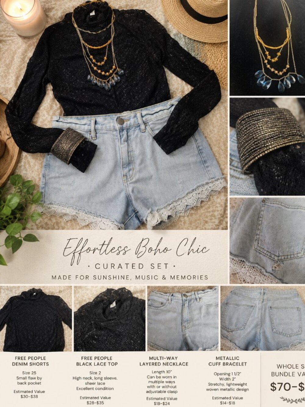 Budget Babe Boutique Curated Set | Free People Lace Top + Denim Shorts + Layered